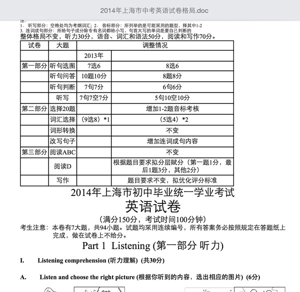 2014年上海中考英语题型改革方案及样卷_上海