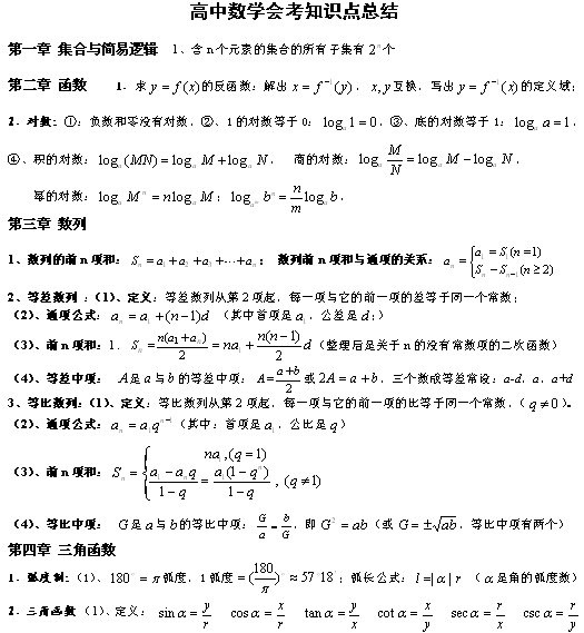 2014年高中数学会考知识点总结归纳