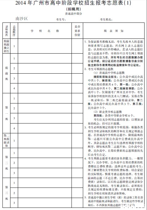 2014年广州中考志愿填报表填写须知详解