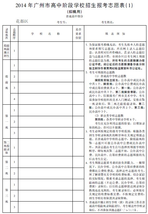 2014年广州中考志愿填报表填写须知详解