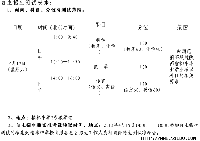 2013年榆林中学自主招生测试时间安排_榆林中