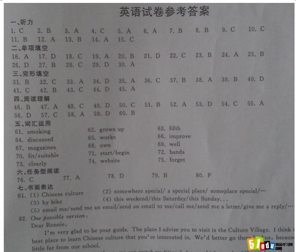 2014年浙江金华中考英语试题答案(图片版)