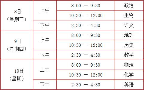 2015年北京夏季高中会考考试时间:7月8日至1