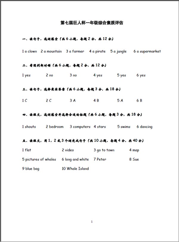 第七届巨人杯一升二英语试题答案和解析_巨人
