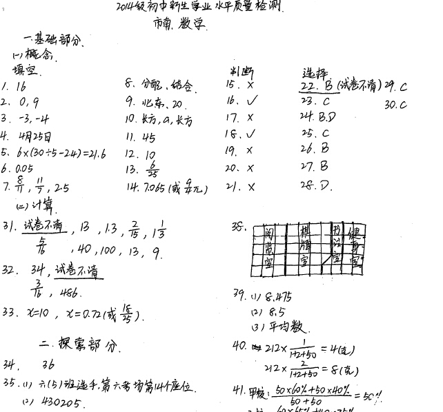 2015年小升初分班考试数学试题答案(青岛市南