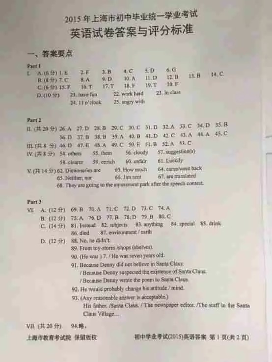 2015上海中考英语试卷答案图片讲解_上海中考