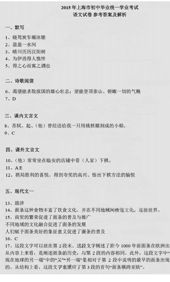 2015年上海中考英语试题答案(图片版)_上海中考英语