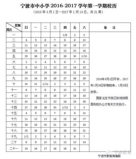 2017年宁波小学生寒假放假时间:1月20日-2月
