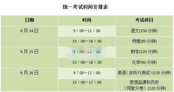 2017广西钦州市中考时间安排:6月24日-26日_