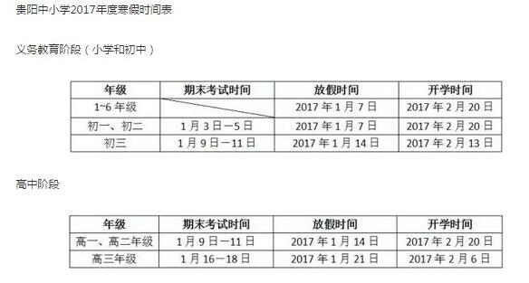 2017贵州贵阳小学寒假放假时间 2017贵州贵阳小学寒假放假时间