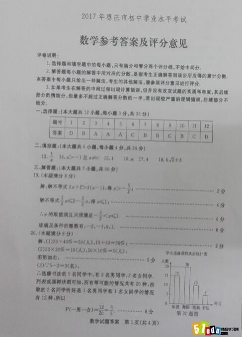 2018枣庄中考数学|2017年枣庄中考数学答案解析（图片版）