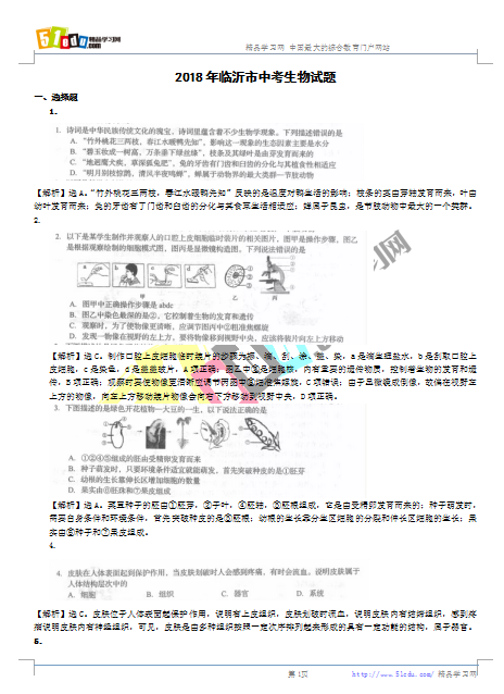2018年临沂中考生物试题答案(图片版)