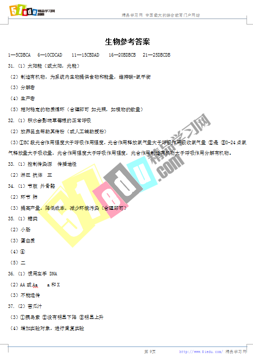 2018年娄底中考生物试题答案(图片版)