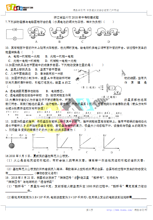 2018年温州中考物理试题(图片版)