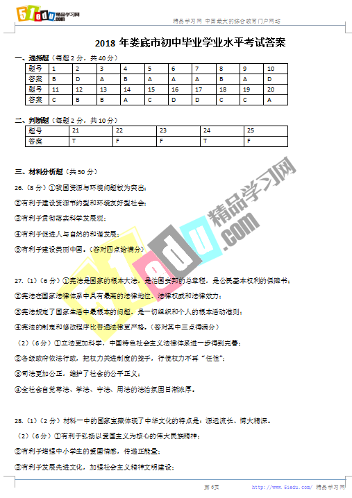 2018年娄底中考思想品德试题答案(word版)