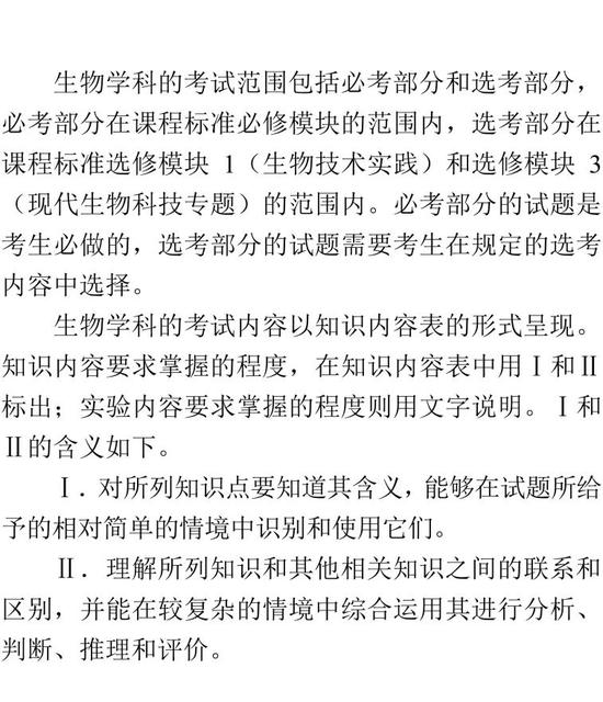 2019年全国高考生物统考大纲说明