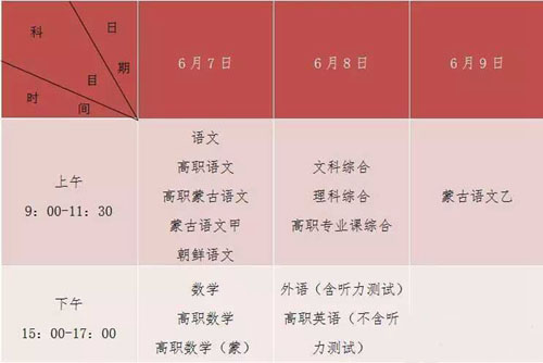 2017年内蒙古高考考试时间